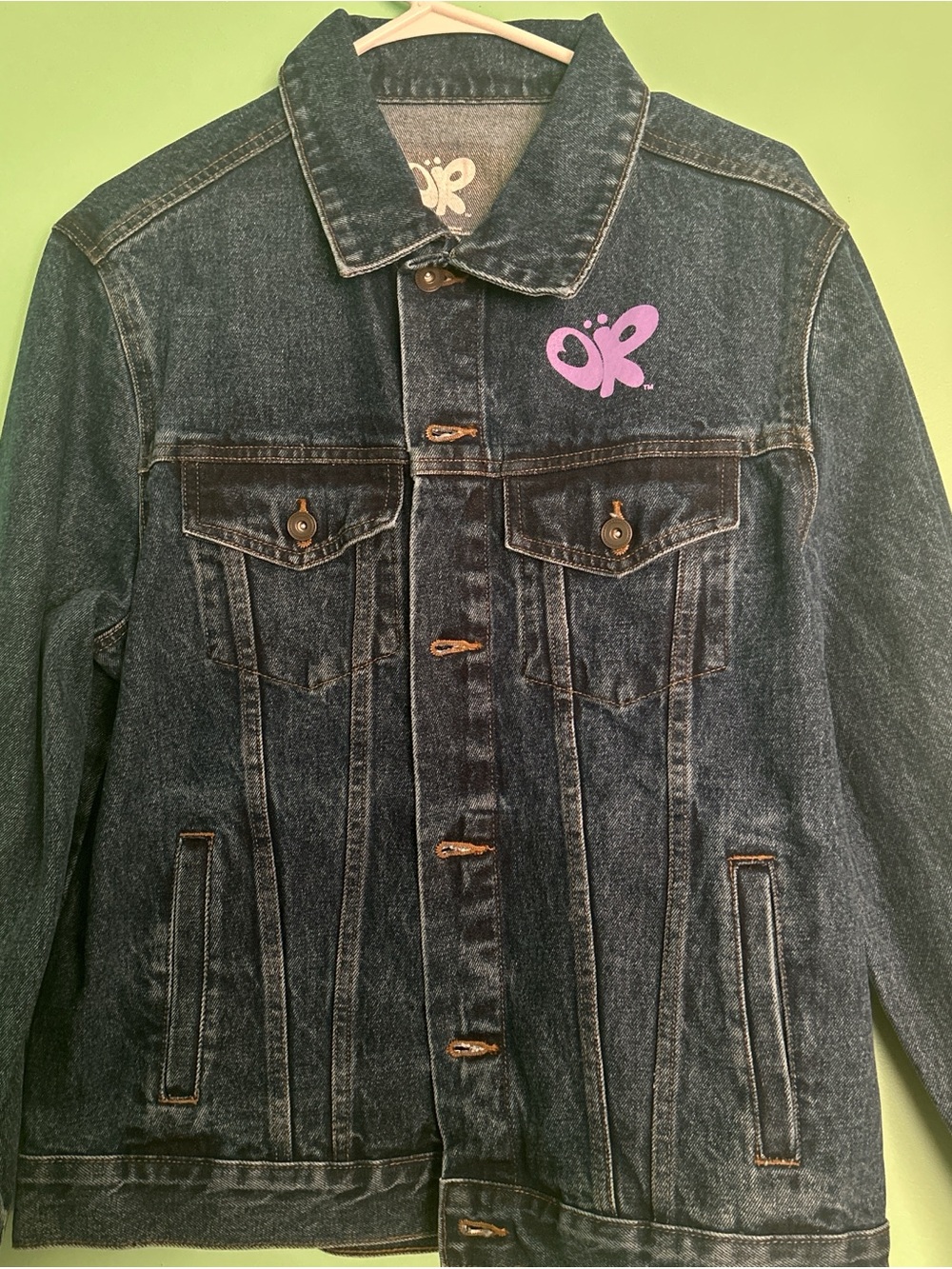 Dark Denim Jacket with Pink Butterfly Accent